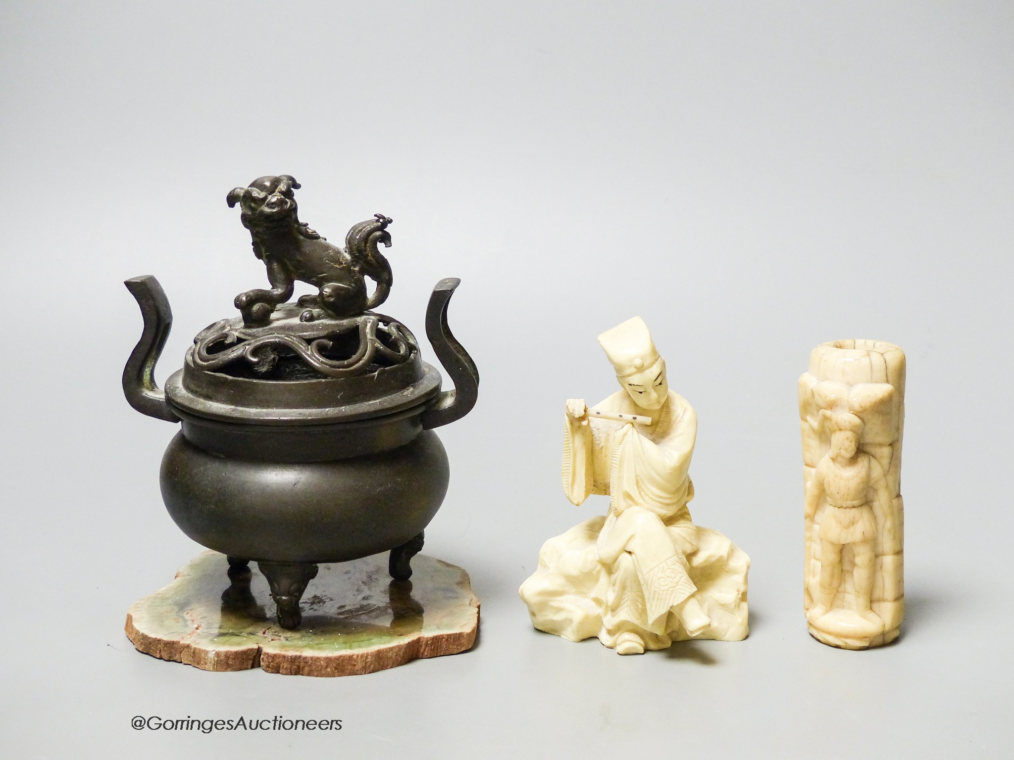 A Japanese bronze censer, a marine Ivory handle and a simulated Ivory figure